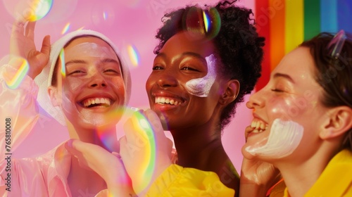 Joyful Gen Z friends engage in a colorful skincare ritual, surrounded by rainbow lights, celebrating diversity and self-care.