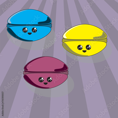 Three macaroons in different colors. Colorful macaroons on a purple background with rays. A traditional French delicacy, sweet, dessert.