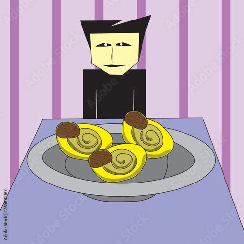 Vector illustration of a man in black clothes. Man sitting in a restaurant. Man eating snails prepared in a restaurant. French traditional food.