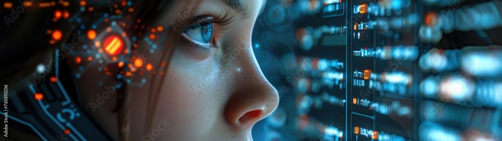 Fototapeta premium AI concept. Close-up of the head of a humanoid robot with the face of a beautiful girl studying data on the monitor screen. Banner.