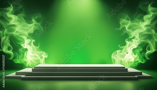 display platform with green flames