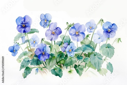 An enchanting watercolor portrayal of Viola cucullata, with its bluishpurple flowers and bright green leaves, softly emerging on white photo