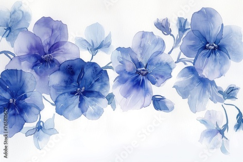 An enchanting watercolor scene featuring Viola cornuta blooms, with shades of blue and purple gently unfolding on a pristine white background photo
