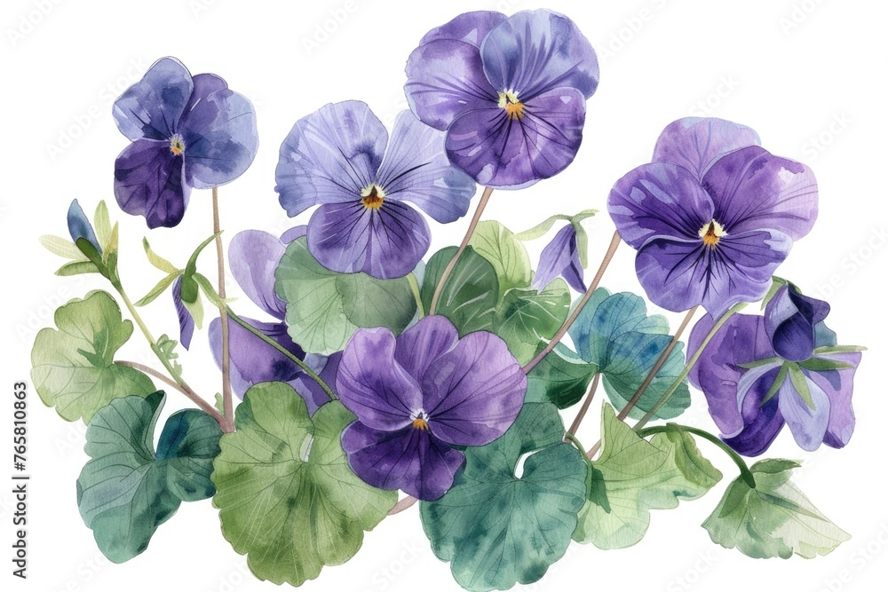 Artistic watercolor illustration of a cluster of Viola odorata, their deep violet hues and tender green leaves softly standing out against white