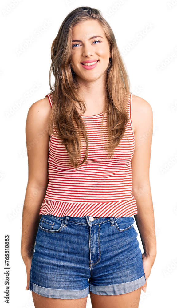 Obraz premium Beautiful caucasian young woman wearing casual clothes with a happy and cool smile on face. lucky person.