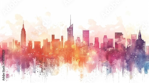An imaginative watercolor composition of a city skyline at twilight, with skyscrapers silhouetted against a white background