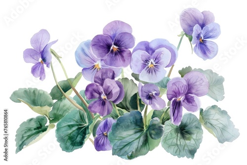 Artistic watercolor illustration of a cluster of Viola odorata  their deep violet hues and tender green leaves softly standing out against white