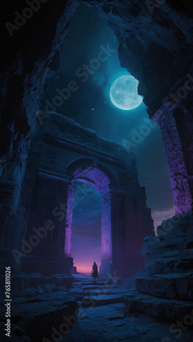 Silhouette of Explorer in Cave Under Full Moon © DK Stock