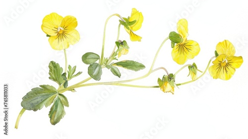 Delicate watercolor depiction of Viola pubescens, its bright yellow blossoms and tender stems finely painted on a white background photo