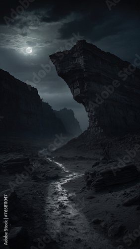 Dramatic Night Landscape: Full Moon Over Rocky Canyon