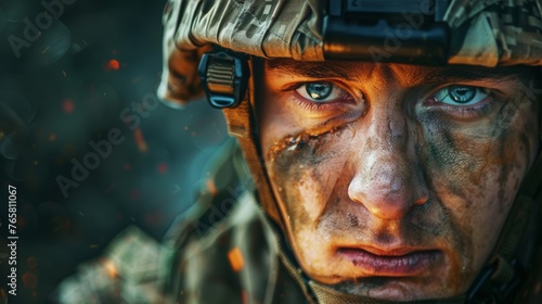 Soldier in camouflage, intense, close-up, dirty face.