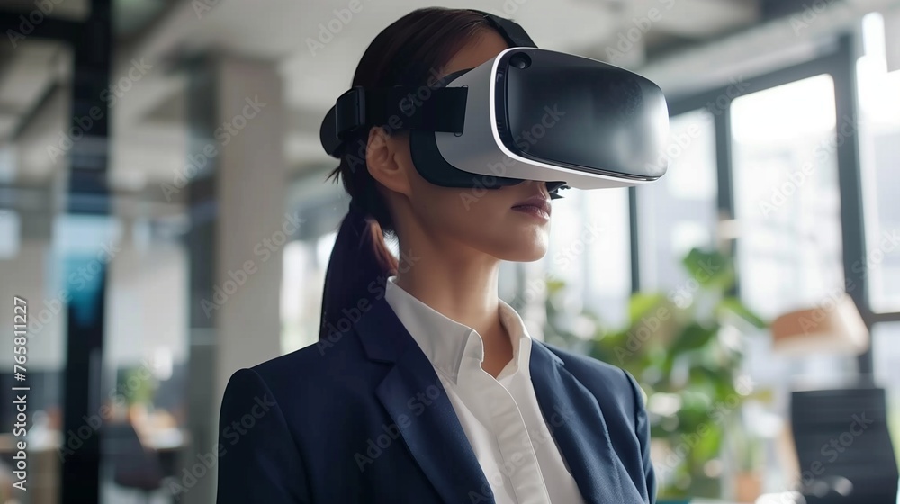 Visualize a businesswoman in a formal suit utilizing VR goggles for a virtual reality AI experience. Visualize a businesswoman in a formal suit utilizing VR goggles for a virtual reality AI experience.