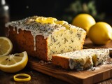 A delectable slice of lemon poppy seed loaf cake is beautifully presented against a dark backdrop, accented with fresh lemon wedges for a touch of citrus zest