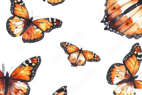 Fluttering monarch butterflies in watercolor, detailed wing patterns, shades of orange and black, light airiness, white background © Pungu x