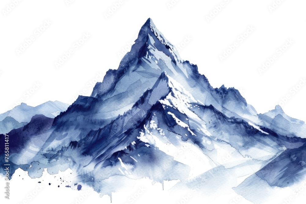 Snowcapped mountain peak in watercolor, contrasting cool shades, pristine wilderness, isolated serenity, against a white background
