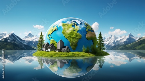 Hemisphere of planet Earth depicting city buildings and green landscapes against a clear sky. Concept: combating planet pollution. Banner illustration © Marynkka_muis