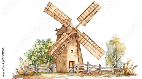 Watercolor clipart of a rustic windmill, detailed with a countryside vibe, isolated on white background for pastoral themes