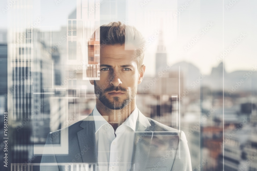 The double exposure image of the business man standing back during overlay with cityscape. Generative AI.