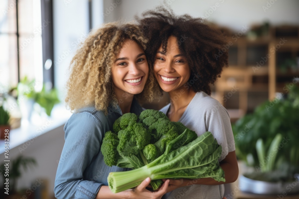 Obraz premium Woman have fun holding gluten-free organic green vegetable. Healthy nutrition. Generative AI.