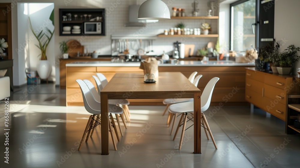 Visualize a modern kitchen dining room featuring a large wooden table, designer chairs, and minimalistic decor 