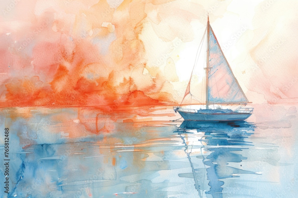 Watercolor depiction of a sailboat at dawn, the sky ablaze with the first light, on a white background