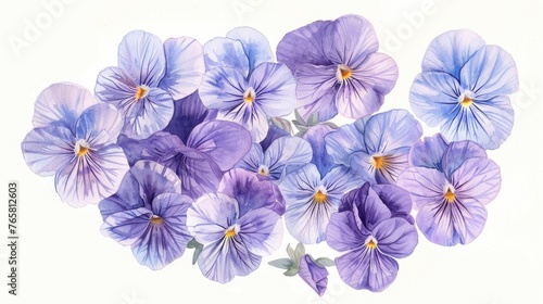 Watercolor illustration of a lush spread of Viola rostrata, their pale violet petals and distinctive spur, richly detailed against white © Pungu x