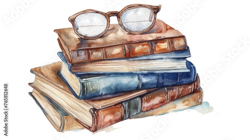 Watercolor illustration of a stack of old, leatherbound books, a spectacles resting on top, on a white background