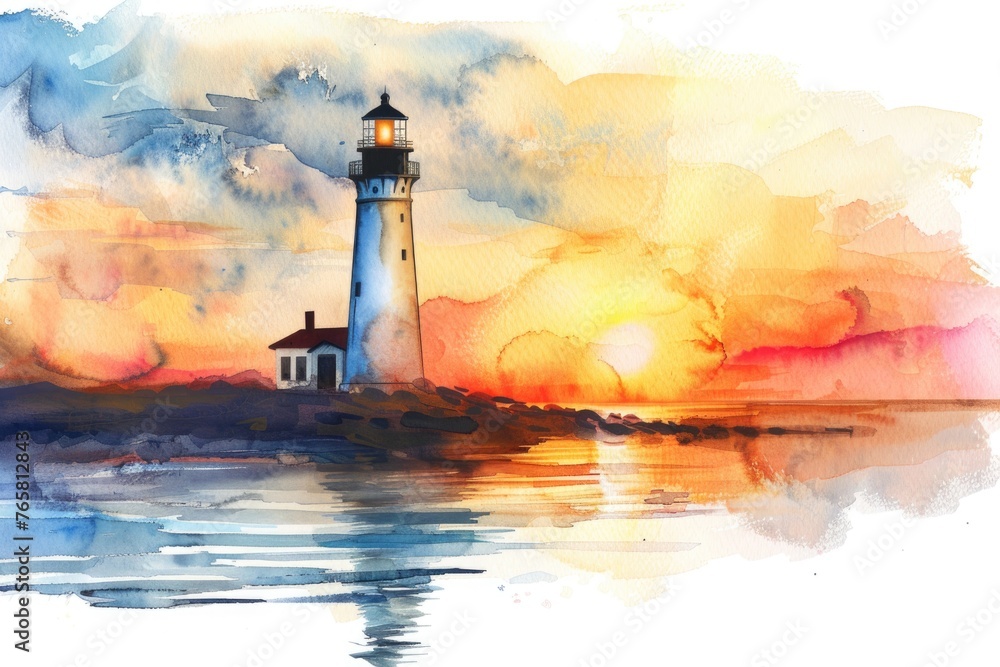 Watercolor painting of a lighthouse at sunset, warm light casting long shadows, calm sea backdrop, isolated on white