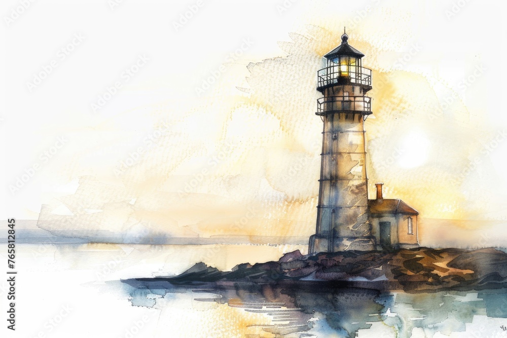Watercolor painting of a lighthouse at sunset, warm light casting long shadows, calm sea backdrop, isolated on white
