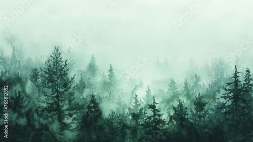 Watercolor painting of a misty forest at dawn  shades of green and gray  mysterious depth  on a white backdrop