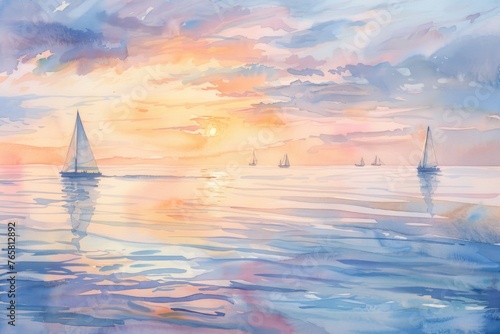 Watercolor painting of a tranquil seaside at sunset, with sailboats in the distance and a calm sea, all softly depicted against white © Pungu x