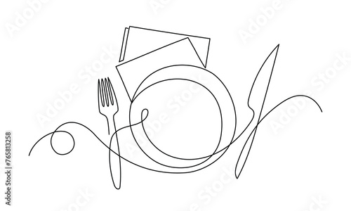 Restaurants plate and utensils in one continuous line drawing. One line restaurant poster. Outline plate and utensils. Vector illustration