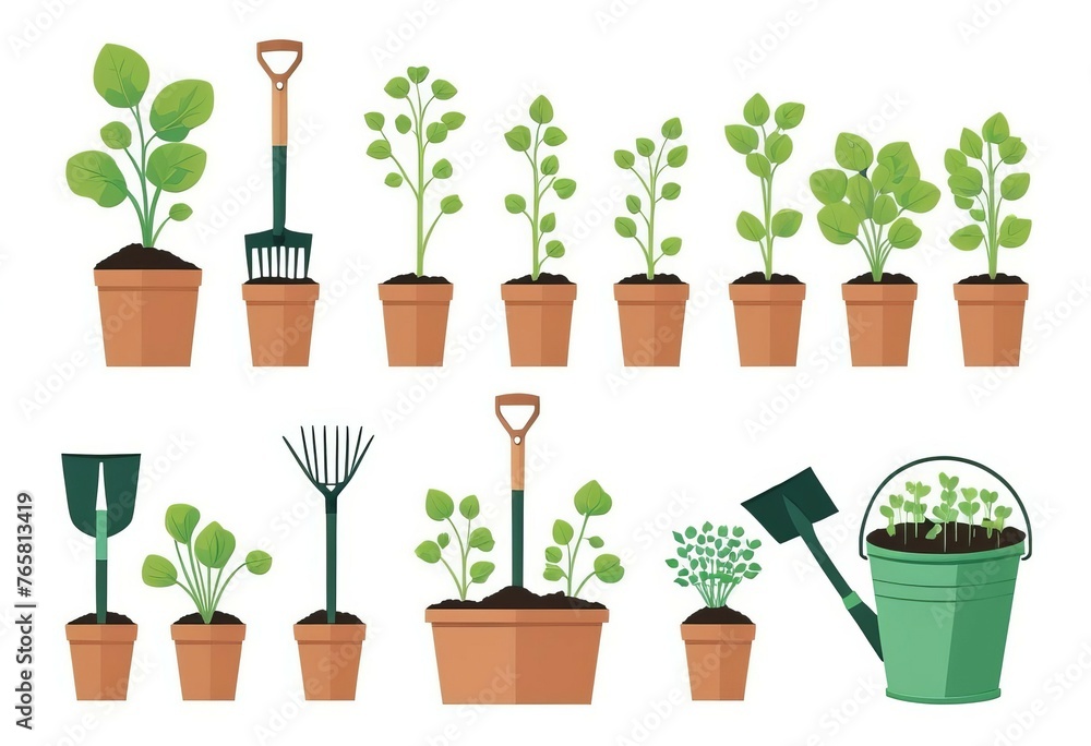 Fototapeta premium Collection of garden tools and plants. Gardening or horticulture concept.