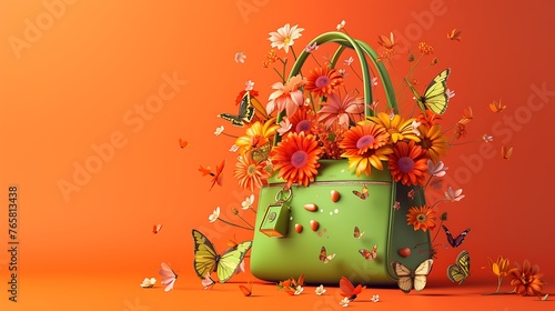 A vibrant green handbag with colorful flowers and butterflies flying out of it, set against an orange background.