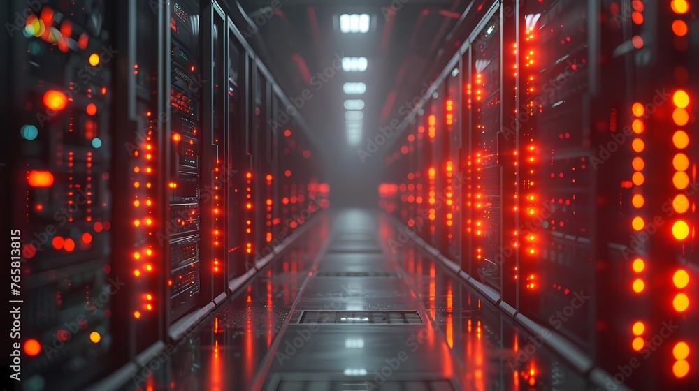 A sleek, modern database server rack housed in a cloud data center, with rows of blinking lights indicating processing activity