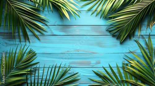 palm leaf on blue wooden planks background. summer background.