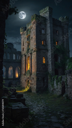 Spooky Full Moon Over Ruined Gothic Castle