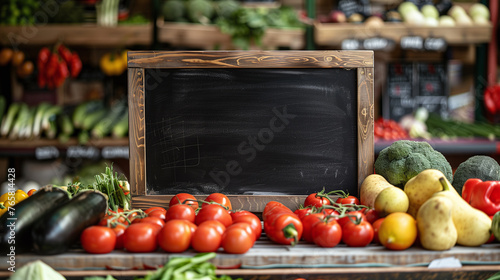 Fresh Produce Display at Local Market. Blank Chalkboard for Daily Specials.