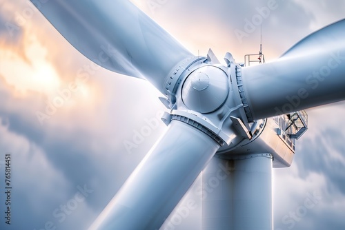 Close-up of a wind turbine against a cloudy sky, showcasing sustainable energy generation.