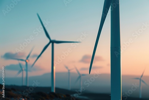 Wind turbines stand tall under a tranquil sunset sky, symbolizing sustainable power.