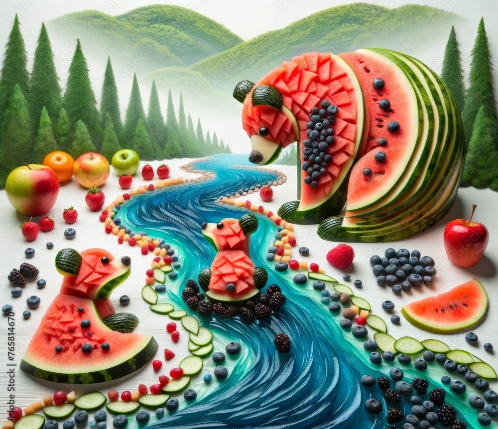 Whimsical Fruit and Vegetable Landscape with Bear Figures