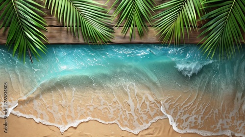 tropical summer background. top view of Sand, ocean waves, and palm trees background with copy space. © AnyPic289
