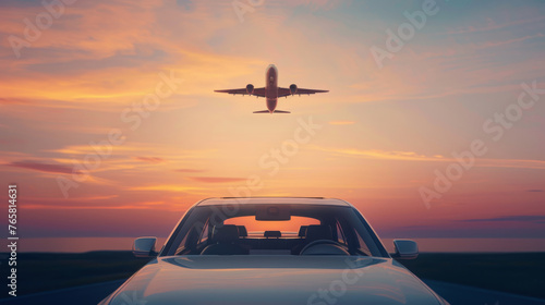 A sunset view through a car's front windshield with an airplane in the sky.