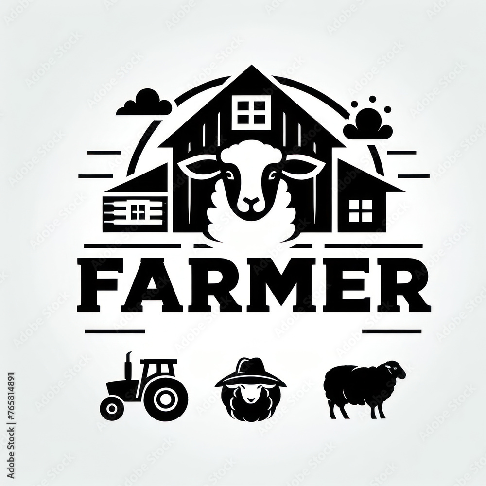 Obraz premium Farmer's Logo with Barn, Tractor, and Livestock Illustration