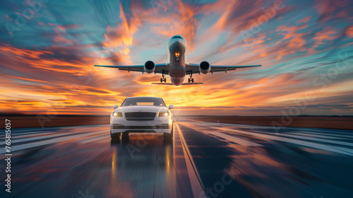 A sunset view through a car s front windshield with an airplane in the sky.