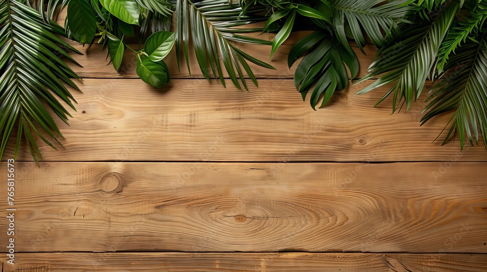 palm leaf on wooden planks background. summer background. palm leaf on wooden planks background. summer background.