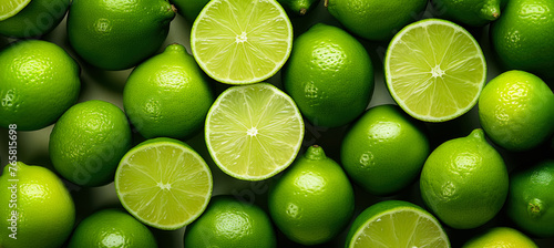Fresh green lime citrus fruits, some of them cut in half, closeup macro detail from above. Generative AI © Lubo Ivanko