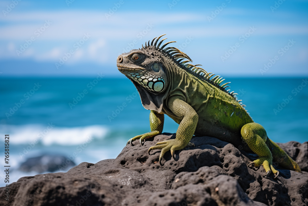 Obraz premium Documentary photo of an iguana perched on a rock