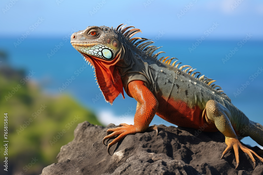 Fototapeta premium Documentary photo of an iguana perched on a rock