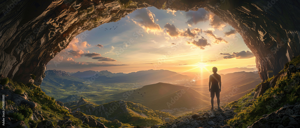 A man stands on the edge of an ancient cave, gazing out at the sunrise over clouds and mountains - obrazy, fototapety, plakaty 